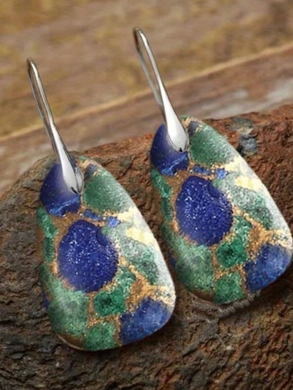 Artisan Blue and Green Enamel Drop Earrings - Picture 5 of 5